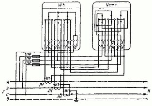 Схема полукосвенного включения трехэлементных счетчиков активной и реактивной энергии в четырехпроводную сеть с раздельными цепями тока и напряжения