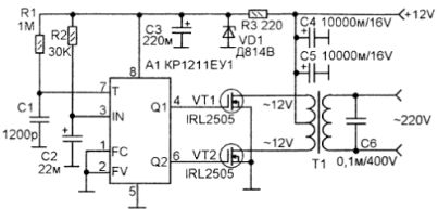 Электрическая принципиальная схема преобразователя 12В в 220В 50Гц