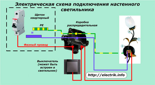 Электрическая схема подключения настенного светильника