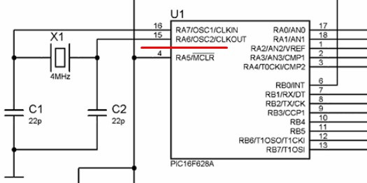 Фрагмент схемы с подключенным к pic16f628a внешним резонатором