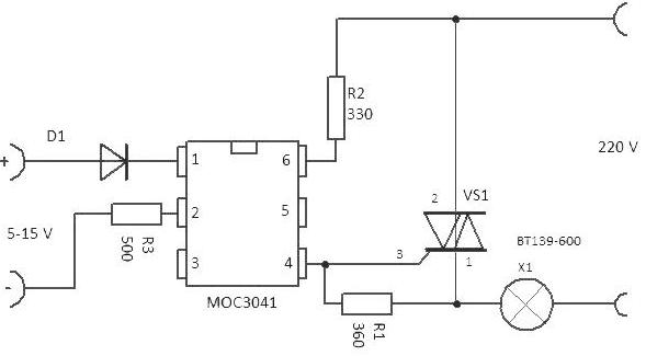 Схема простейшего твердотельного реле, на основе оптодрайвера для симисторов с ZCC типа MOC3041