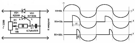 Схема простейшего тиристорного регулятора мощности