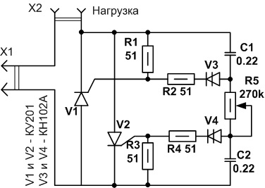 Схема тиристорного регулятора мощности с двумя тиристорами