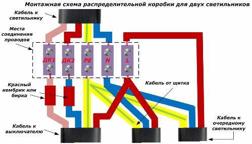 Монтажная схема распределительной коробки для двух светильников