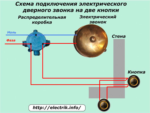 Схема подключения электрического звонка на две кнопки