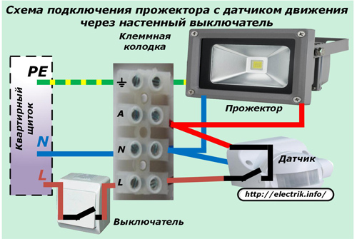 Схема подключения прожектора через настенный выключатель