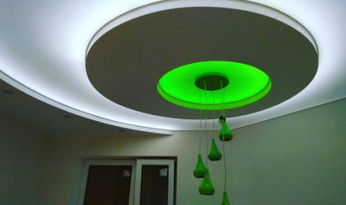 Фото подсветки двухуровневого натяжного потолка на кухне