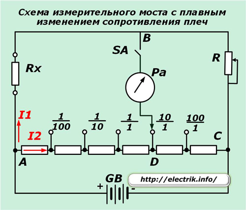 Схема измерительного моста с плавным изменением сопротивления плеч