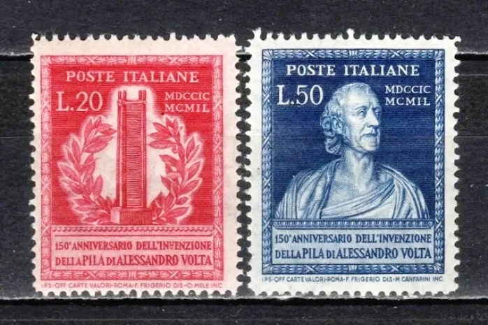 Вольтов столб и Алессандро Вольта на итальянских почтовых марках 1949 года